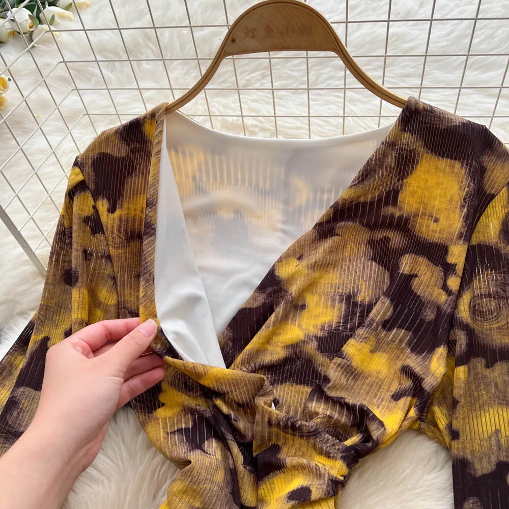 Chic vintage long sleeve Criss-Cross print pleated Elegant Fairy korean fashion dress women clothing Long dress