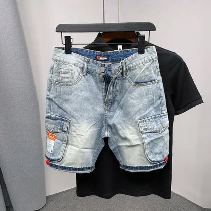 Summer 2023 New Luxury Men's Shorts Korean Style Streetwear Short Jeans with Designer Large Pockets Cargo Casual Denim Shorts G2015blue