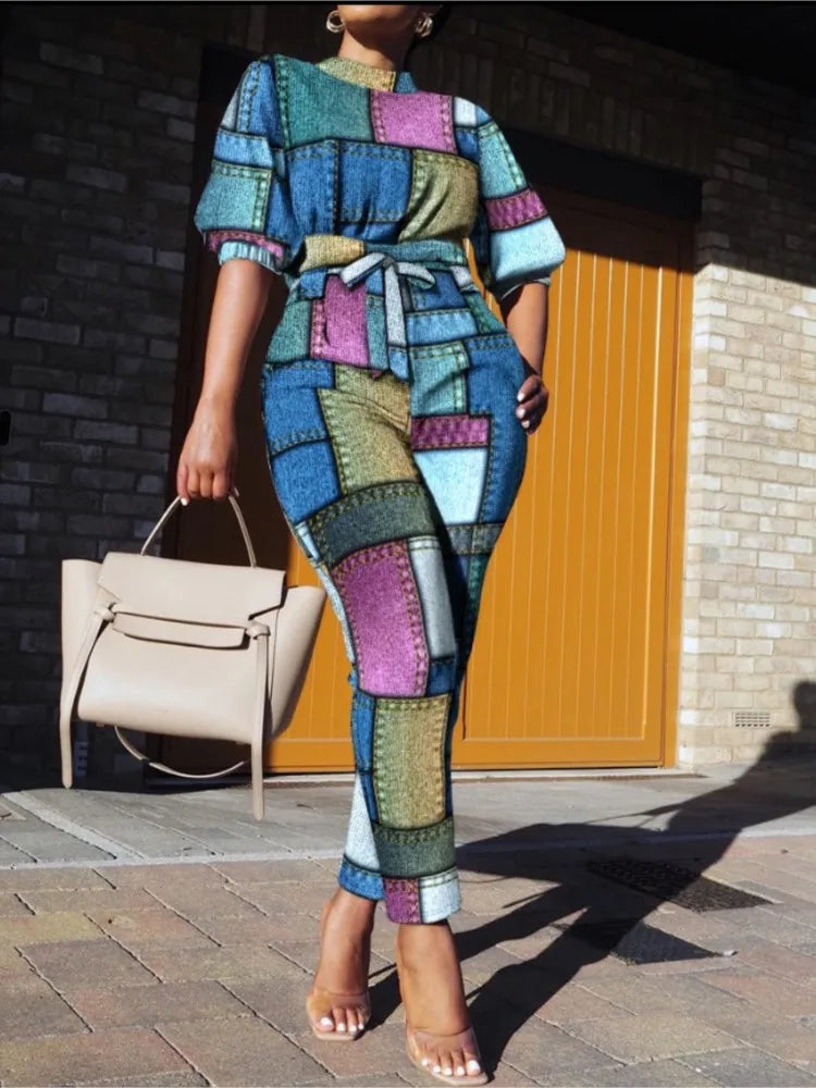 New Spring Autumn Trendy Street Trendy Seven Sleeve Fashion Printed Lace Up Waist Casual Pants Set For Women's Clothing