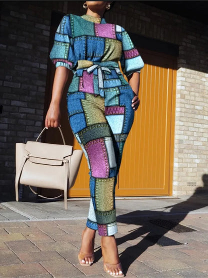 New Spring Autumn Trendy Street Trendy Seven Sleeve Fashion Printed Lace Up Waist Casual Pants Set For Women's Clothing