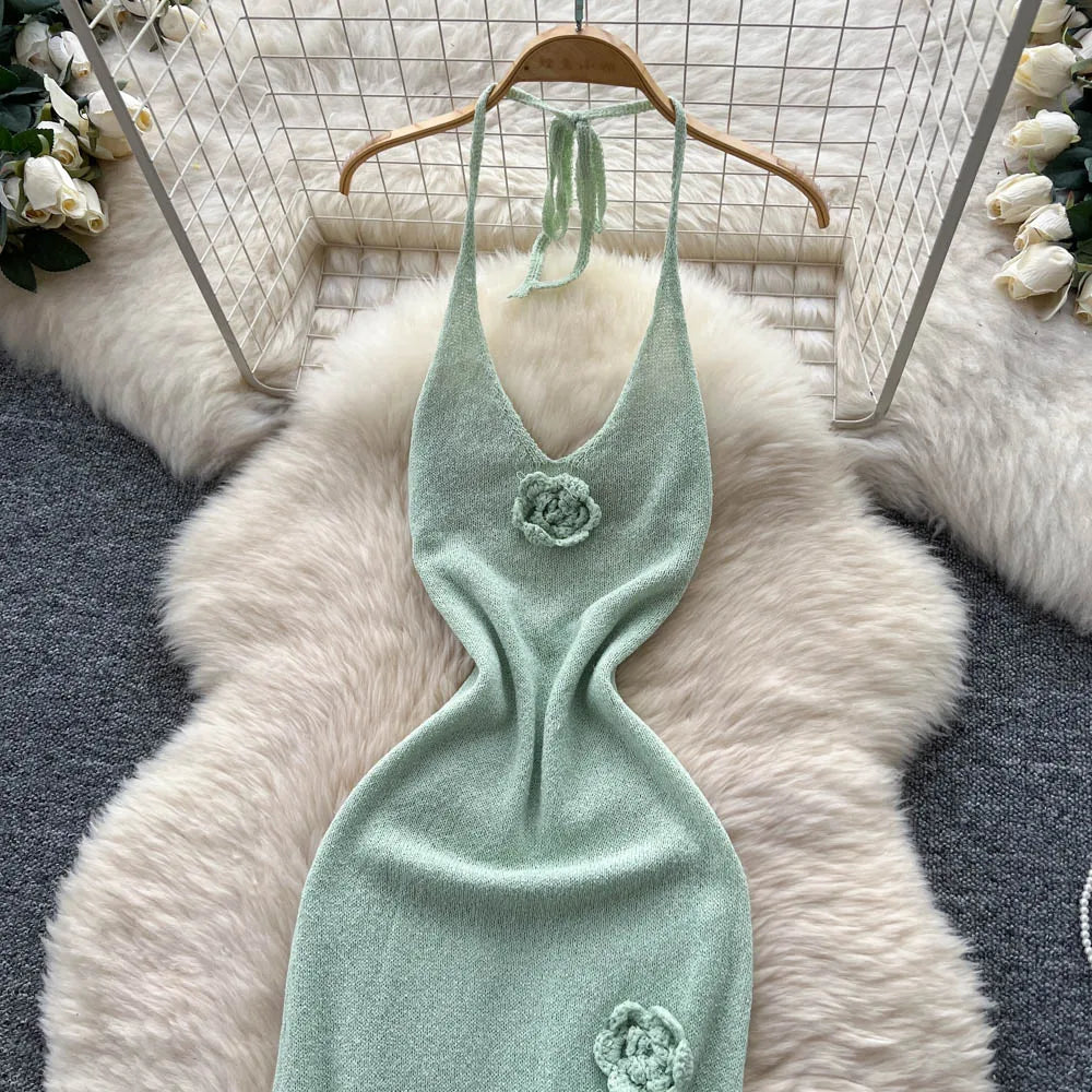 SINGREINY Halter 3D Floral Maxi Sundress Women Sleeveless Bodycon Elastic Beach Dress Vacation Knitted Split Sexy Long Dress