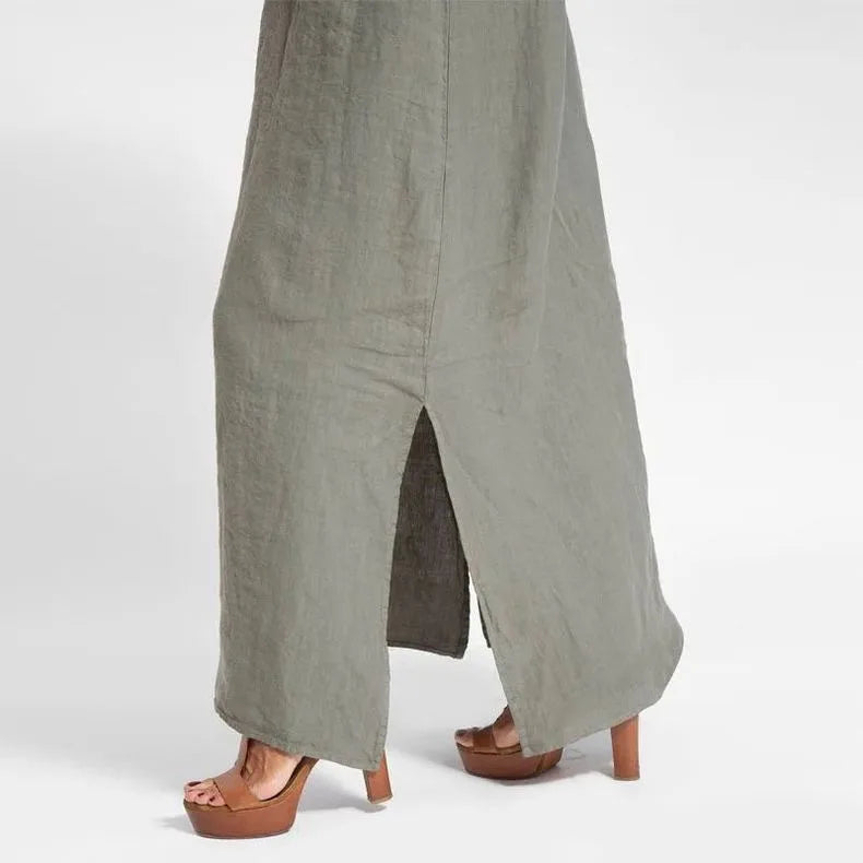 Women Cotton linen Side Split Long Slip Dress Summer Lady Strapless Solid Color Holiday Party Dresses FYY-10080