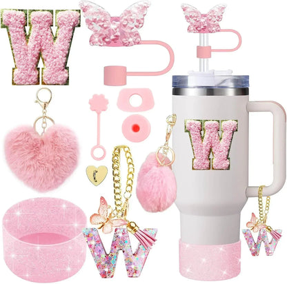 9PCS Accessory Set for Stanley Cup 30oz 40oz Butterfly Straw Cover Cap Silicone Boot Charm Initials Sticker Spill Proof Stopper Badiee Stylez