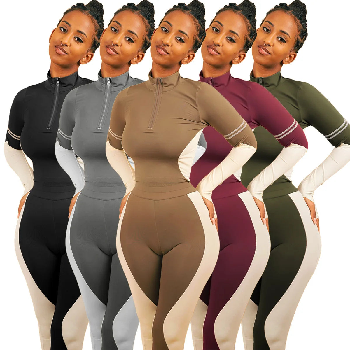 Y2K Color Matching Women'S Set Sweatsuit Two Piece Outfits Ladies' Standing Collar Sports Suit Slim Fit Long Sleeved Long Pants Badiee Stylez