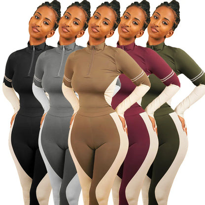 Y2K Color Matching Women'S Set Sweatsuit Two Piece Outfits Ladies' Standing Collar Sports Suit Slim Fit Long Sleeved Long Pants Badiee Stylez
