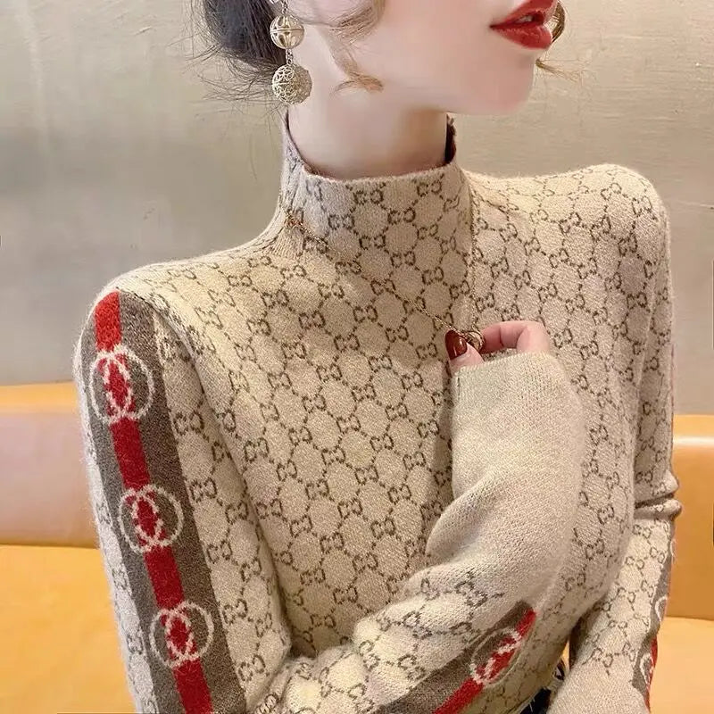 Women's Clothing Elegant Fashion Letter Knit Pullover Autumn All-match Slim Long Sleeve Half High Collar Pullovers Lady Chic Top Khaki