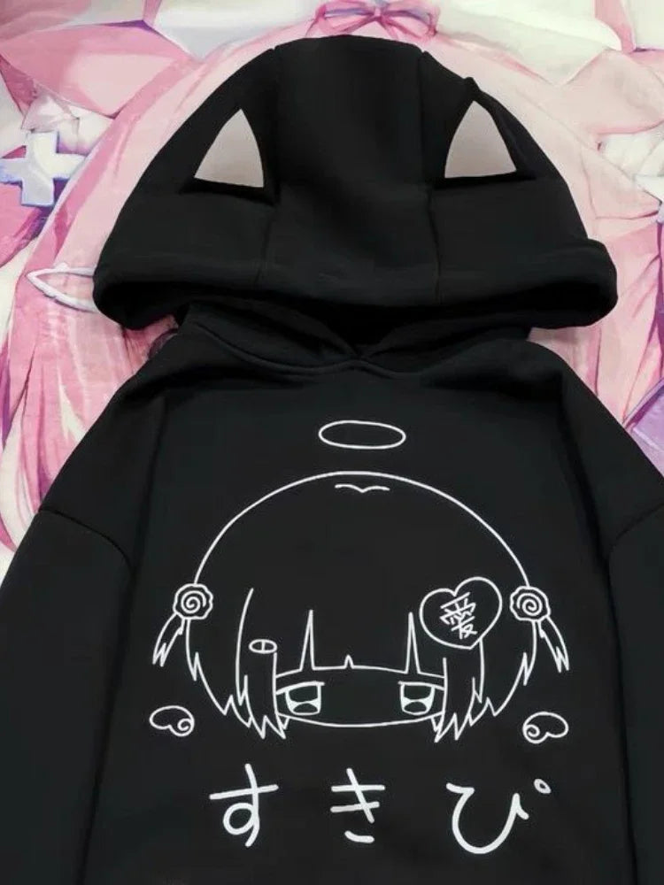 Japanese Cartoon Print Fleece Hoodies Women Harajuku Gothic Cat Ears Hooded Vintage Hoody Streetwear Y2k Aesthetic Sweatshirt