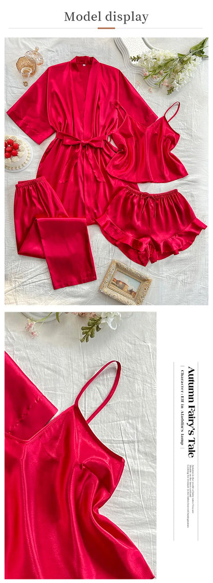 Spring Summer New Women Pajama Four Piece Suit Sleepwear Silky Satin Kimono Bathrobe Trouser Suits Loose Home Clothes Loungewear