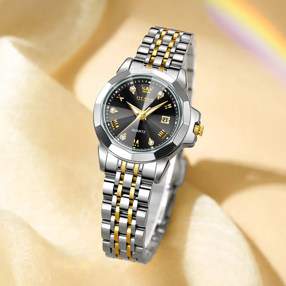 OLEVS 9931X Womens Perfume Watch Rhombic Quartz Watch Stainless Steel Waterproof Ladies Date Watch Gifts Original Elegant New W-Gold Black CHINA Yes