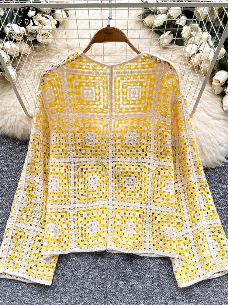 SINGREINY Vintage Boho Loose Plaid Cardigans Female Long Sleeves Hook Flower Hollow Tops 2025 Vacation Sunscreen Casual Shirt Badiee Stylez