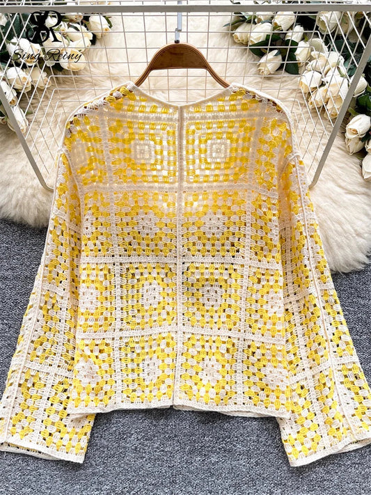 SINGREINY Vintage Boho Loose Plaid Cardigans Female Long Sleeves Hook Flower Hollow Tops 2025 Vacation Sunscreen Casual Shirt Badiee Stylez