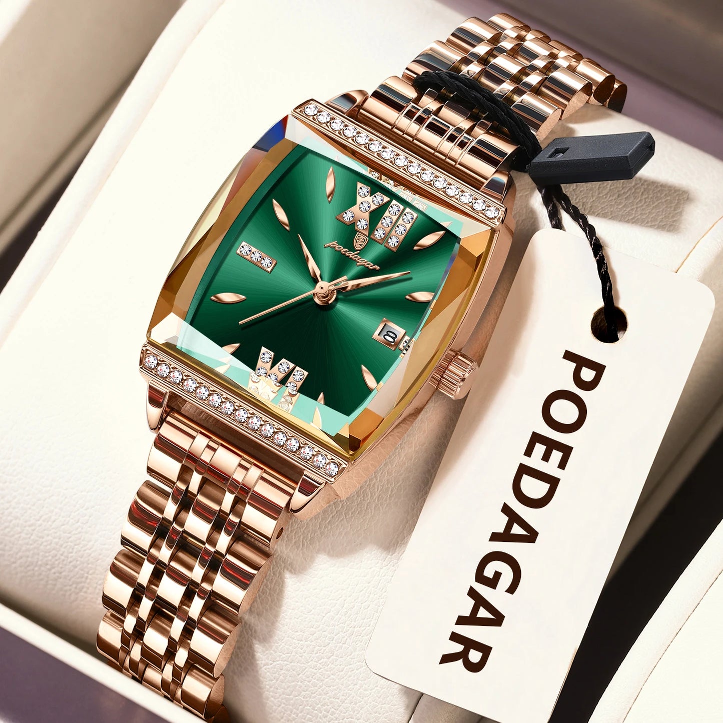 POEDAGAR Diamond Luxury Watch For Woman High Quality Waterproof Date Ladies Quartz Watch Stainless Steel Women Watches Reloj+Box 795 RoseGold Green