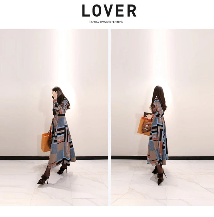 H Han Queen Vintage Print Elegant Long Dress Women Spring Single-breasted Shirt Dresses Waist Swing Ankle-length Vestidos