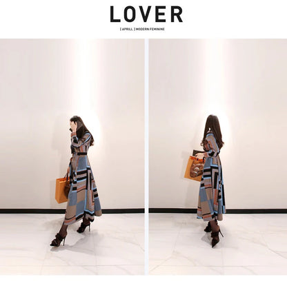 H Han Queen Vintage Print Elegant Long Dress Women Spring Single-breasted Shirt Dresses Waist Swing Ankle-length Vestidos