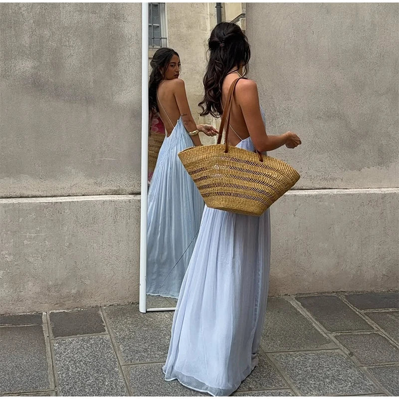 Fashion Solid Pleated Jumpsuit Women Chic Sleeveless U Neck Backless Loose Vacation Pants Set 2025 Summer Holiday Street Outfit