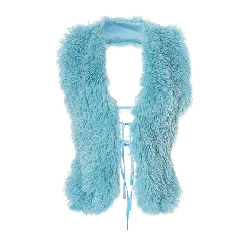 BKLD Sexy Temperament Fluffy Tops For Women High Street Y2K Nightclub Outfits Faux Fur Backless Lacing Solid 2025 Vest Waistcoat