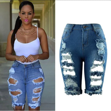 Summer New Fashion Women's American Washed Blue Solid Color High Waist Hole Patched Denim Shorts Skinny Jeans Shorts Female