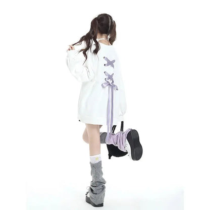 Sweet Sweatshirt Women Clothing Bow Bangage O-neck Long Sleeve Casual Y2k Tops 2025 Ropa Mujer Fashion Japanese Y2k Hoodies white
