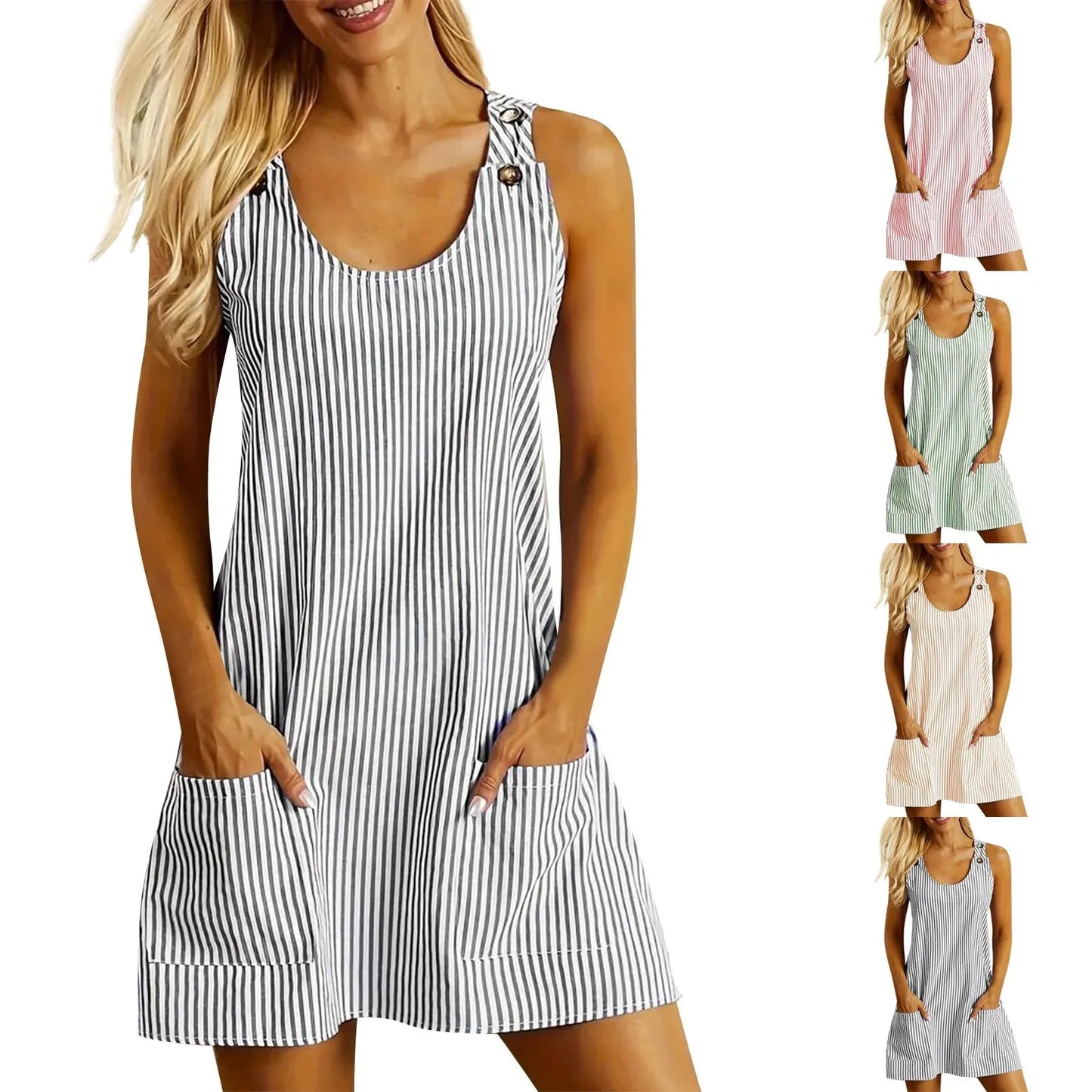 Summer Fashion Stripped Patchwork Commuting U-Neck Sleeveless Pockets Back Button Casual Straight Slimming Mini Dress For Women Badiee Stylez