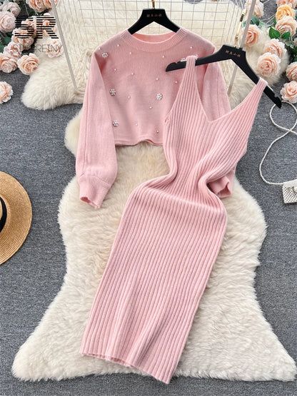 SINGREINY Beading Casual Two Piece Set Women Long Sleeve O Neck Pullover Midi Dress Fashion 2023 Winter Sweater Suit Dresses Badiee Stylez