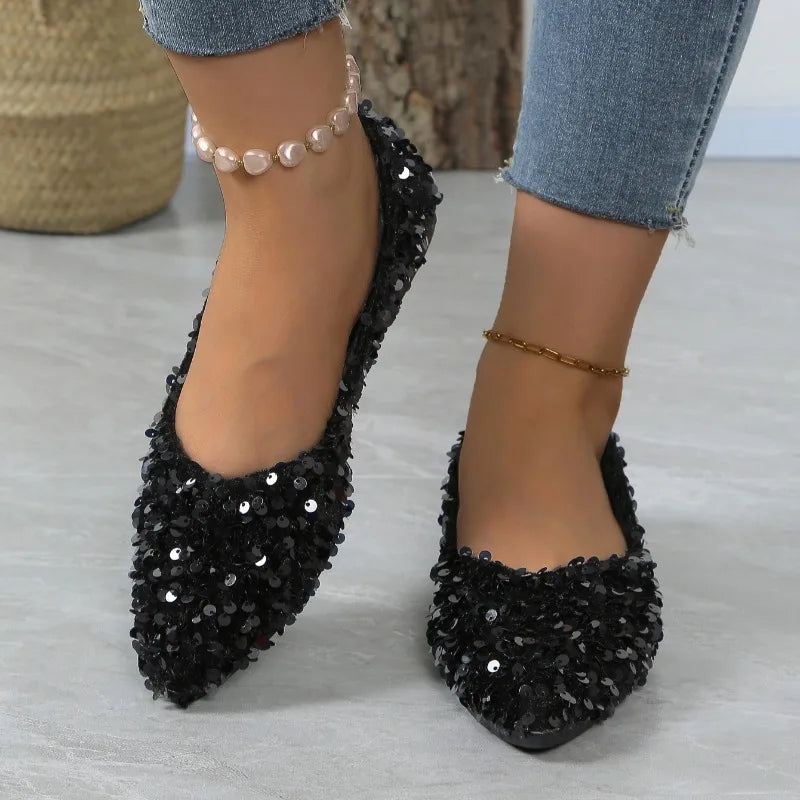 Sequin Designer 2025 Spring New Style Fashion Round Toe Non-slip Flat Shoes Casual Comfortable Shallow Mouth Women's Loafers Black