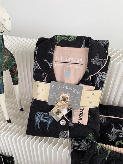 Women's Winter Pyjama Suit Print Long Sleeve Turn Down Collar Female Clothes 100% Cotton Single Breasted Sleepwear for Female