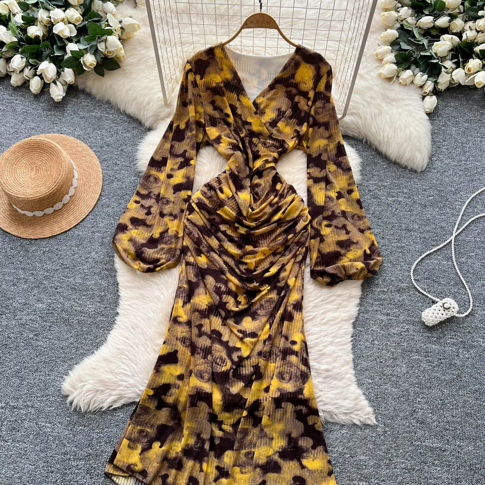 Chic vintage long sleeve Criss-Cross print pleated Elegant Fairy korean fashion dress women clothing Long dress