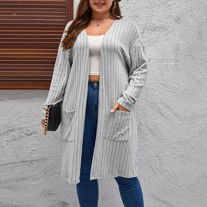 Plus Size Women's Solid Ribbed Long Sleeve Pockets Cardigan Tops Spring Autumn Ladies Casual Coatigan Outwear Size 1XL-5XL GRAY