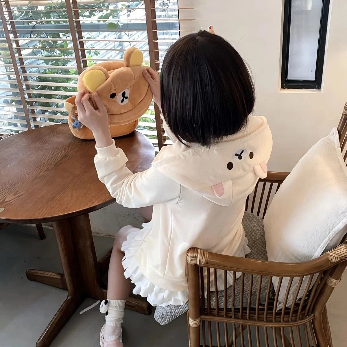 Cute Cartoon Hoodie Rilakkumaed Zip-up Hoodie Teddy Bear Ears Long Sleeve Jacket Fashion Women's Casual Cardigan Cotton Clothing