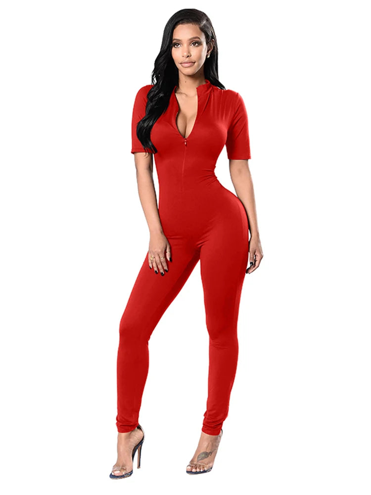 New Autumn and Winter Short Sleeve V Neck Bodycon Jumpsuit Full Lengt Rompers Women Jumpsuits Badiee Stylez