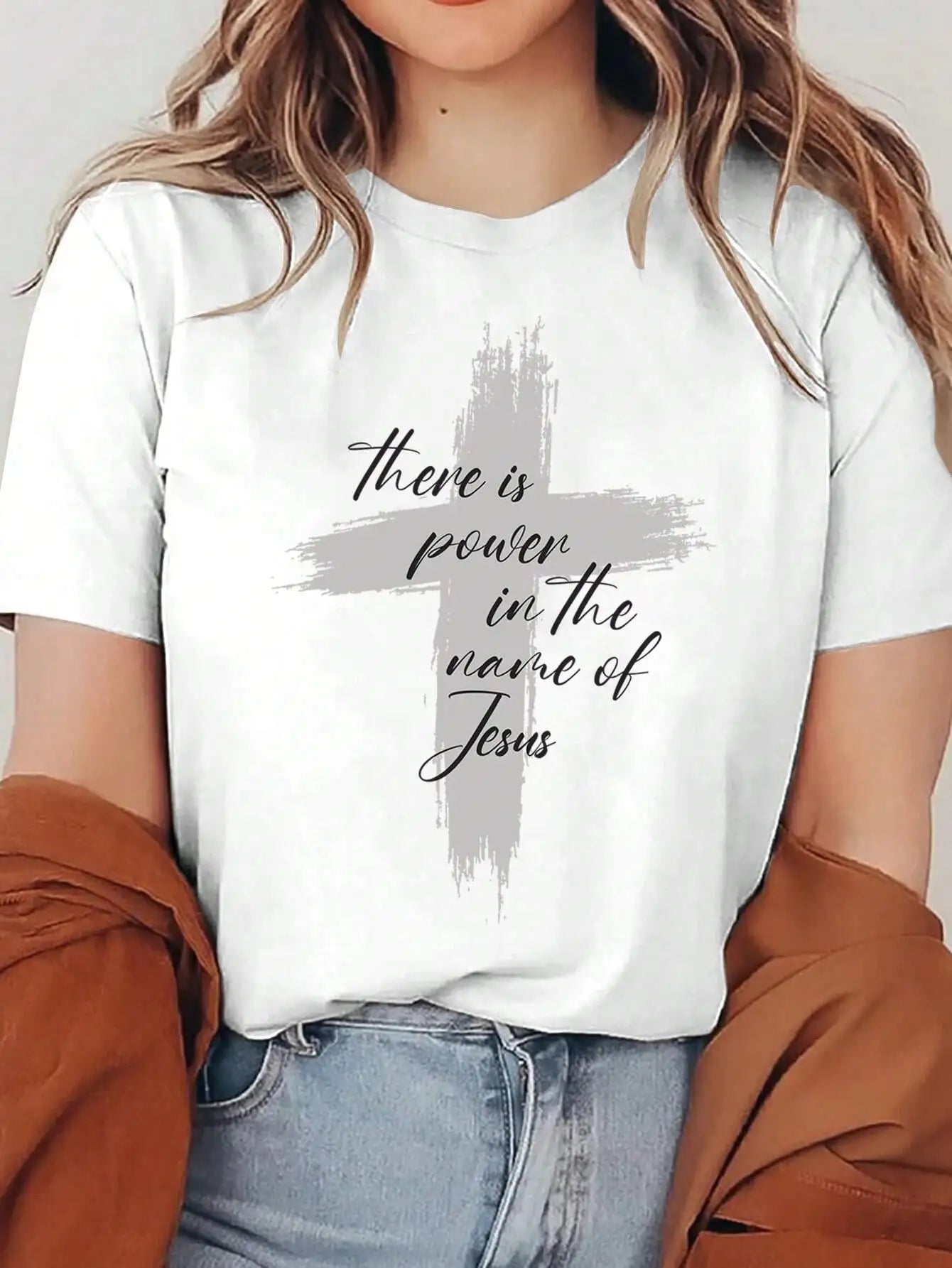 Plus Size Faith Inspired Tee White Oversized Shirt With “There Is Power In The Name Of Jesus” Cross Graphic For Spiritual Style white