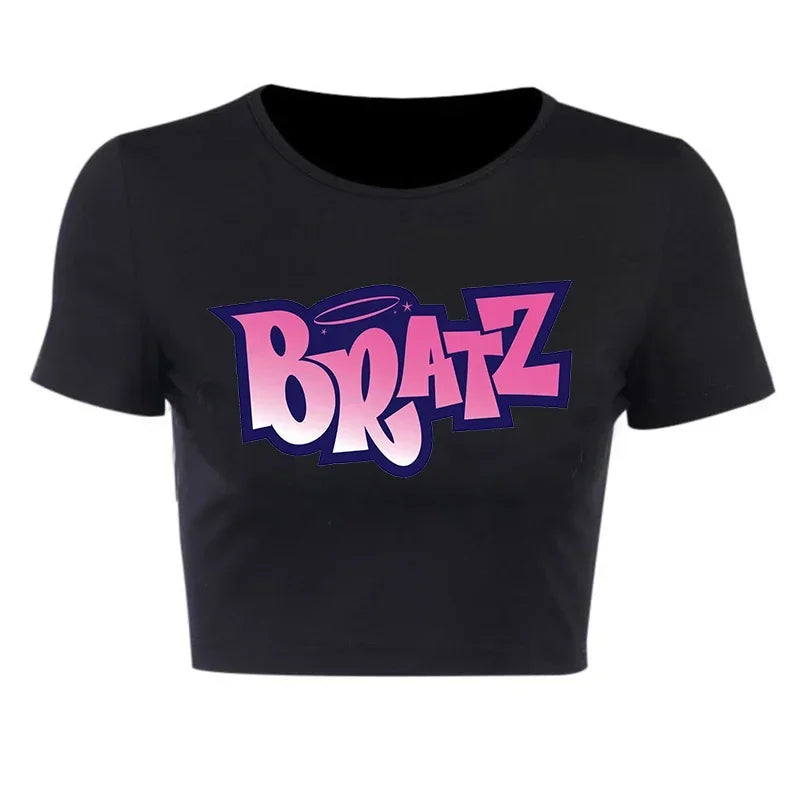 Streetwear 90s Summer New Y2k Women's Clothing Bratz Letter Printing Black Crop Tops O-neck Vintage Casual Short Sleeve T-shirts 30068-black-luqiz