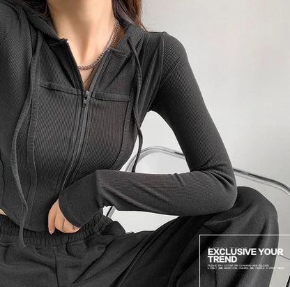 Thin Hooded Cardigan Women Korean Vintage Slim Summer Solid Sports Jacket Vertical Pit Stripe Zipper Female Sexy Cropped Tops