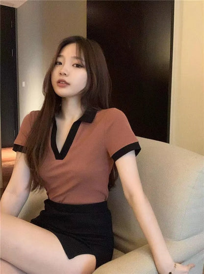 Summer Fashion Y2K T-shirt Woman Patchwork Polo Tee Shirt Femme Sexy OL Clothes Women Short Sleeve V-neck Tshirts Tops