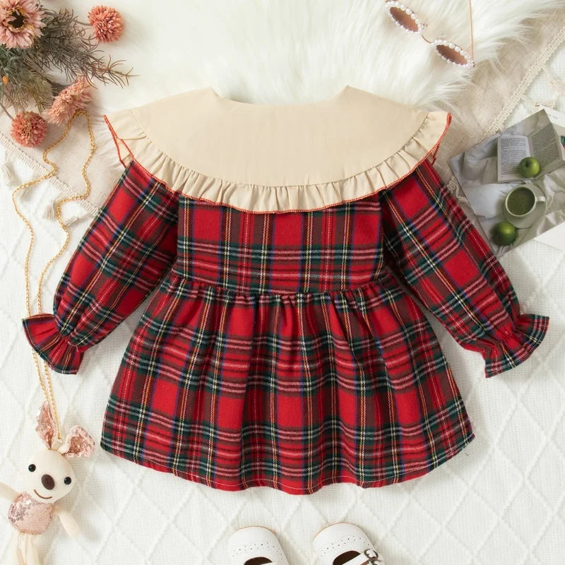 Spring and Autumn New Baby Girls Long Sleeve Dress Academy Style Checkered Children's Clothing+Rabbit Bag (9 Months-3 Years Old)