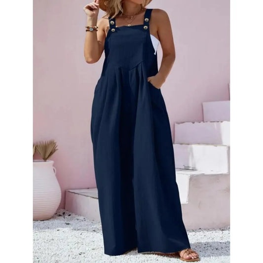 Plus Size New Women's Summer Solid Color Jumpsuit Elegant High Waist Casual Long Jumpsuits Blue
