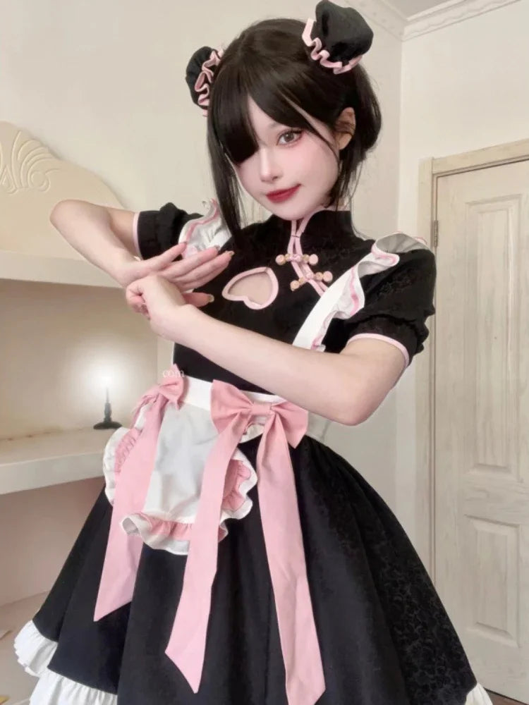 CP5XL Maid Lolita Chemise Cosplay Role Playing Costumes For Party Club Stage Apparel Bow Ties Ball Gowns Waitress Uniform Plus KYTF5-Black