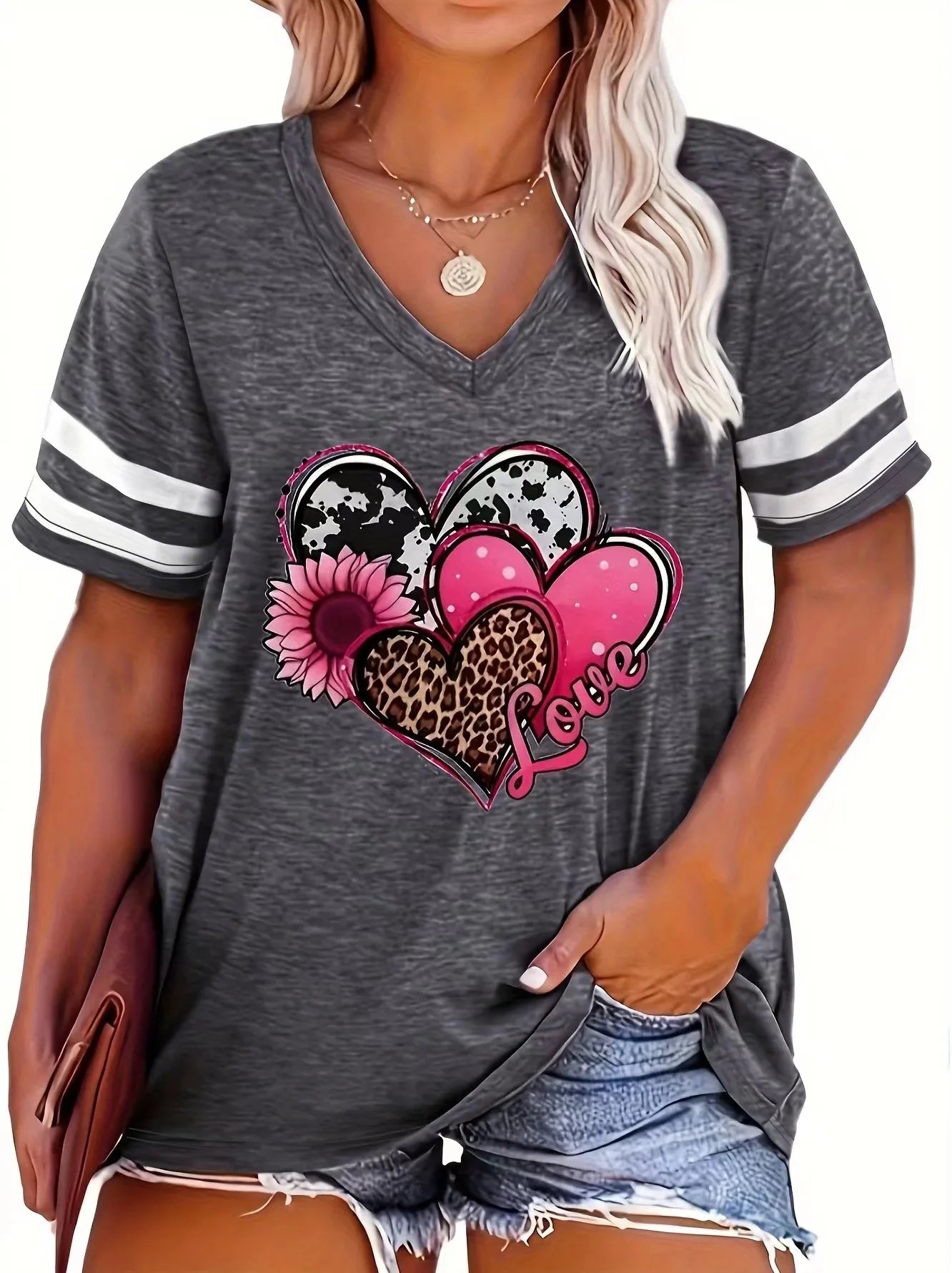 2024 Plus Size Spring/Summer New Love Print Casual Fashion Women's V-Neck Short-Sleeved Loose T-Shirt 5XL 6XL