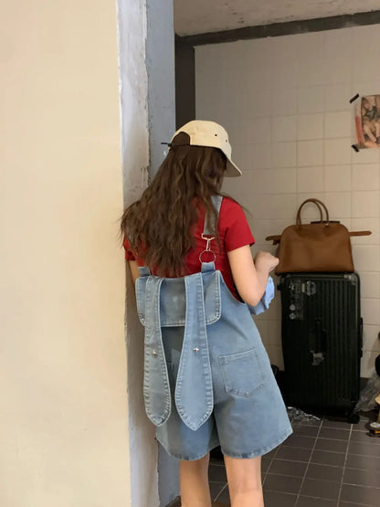 Denim Jumpsuit Rabbit Ears Cute Girl Chic Wide Legs High Waist Loose Korean Japan High Street Solid Jump Suits Women