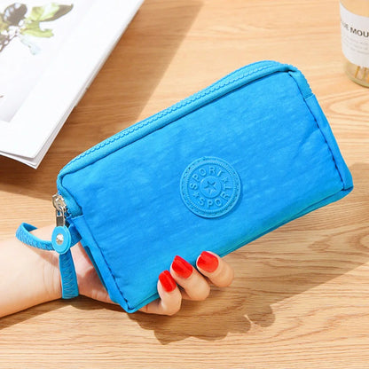 Bags Fabric Phone Purse Solid Color Coin Purse Three Zippers Bags Korean Style Wallets Women Wallets Wrinkle Clutch Bag light blue