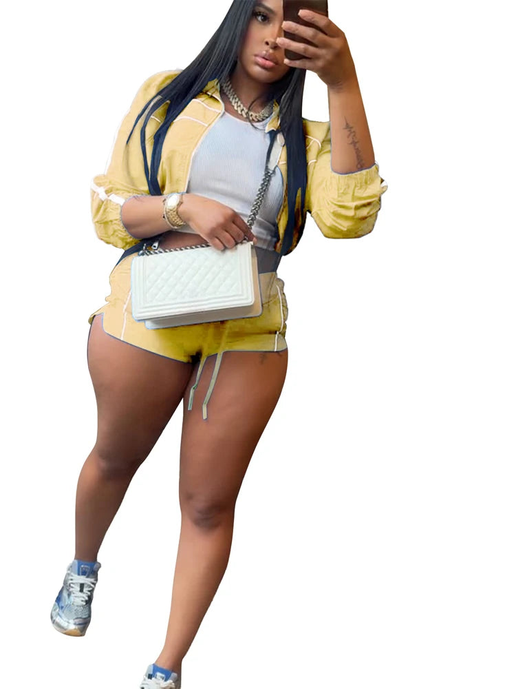 2025 Trendy Woman Clothes Sets Y2k Lounge Tracksuit Contrast Color Long Sleeve Zip Windbreaker Jacket Shorts 2 Piece Set Outfits Yellow