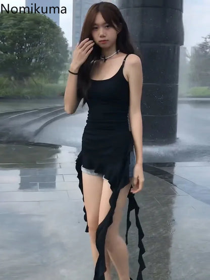 2025 Women Clothing Black Tunic Y2k Top Ruffles Sexy Camis Ropa Mujer Irrgeular Tassel Summer Vest Fashion Korean Crop Tanks