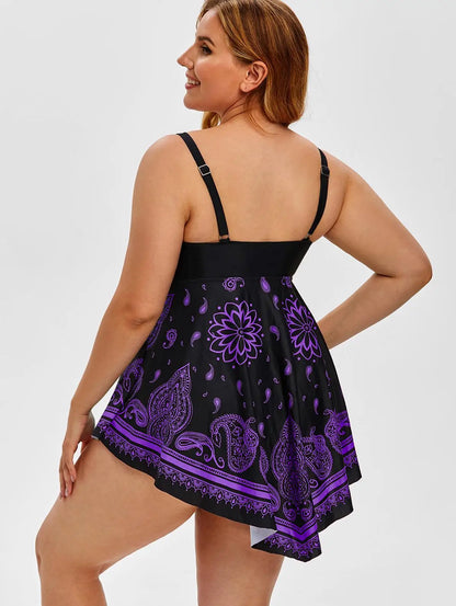 ROSEGAL Plus Size Women's Curve Paisley Handkerchief Padded Modest Tankini Swimsuit