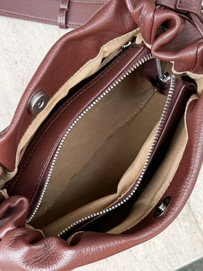 Ladies' New Premium Full-Grain Wrinkled Leather Crossbody Bag - Women's Chic Shoulder Commuter Bag with Organizer Pockets