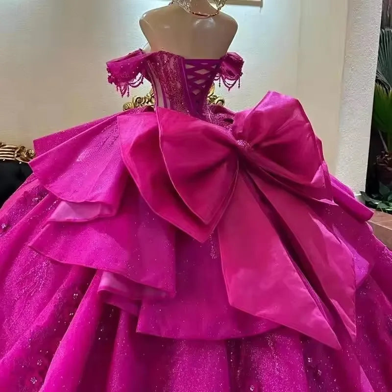 ANGELSBRIDEP Shiny Fuchsia Quinceanera Dresses With Bow Glittering Beading Lace Crystal Vestidos De 15 Anos Birthday Party Prom Badiee Stylez