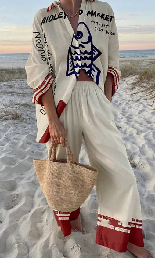 Summer Women New Casual Print Two-piece Set Clothing Seaside Tropical Vacation Style Printed Lapel Shirt + Wide-leg Trousers Set