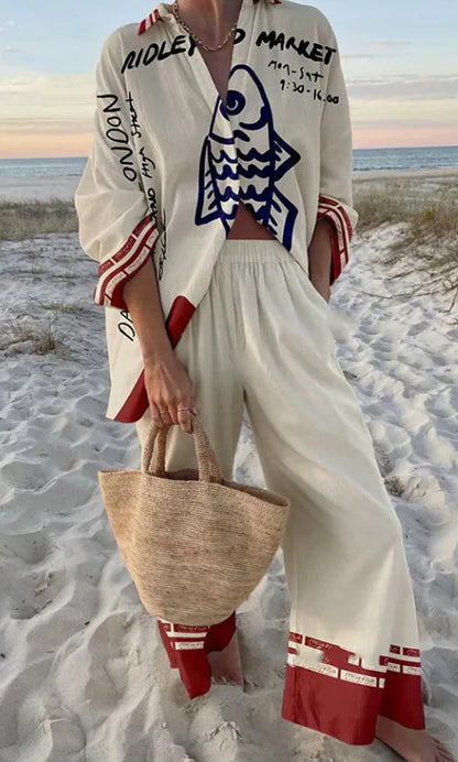 Summer Women New Casual Print Two-piece Set Clothing Seaside Tropical Vacation Style Printed Lapel Shirt + Wide-leg Trousers Set