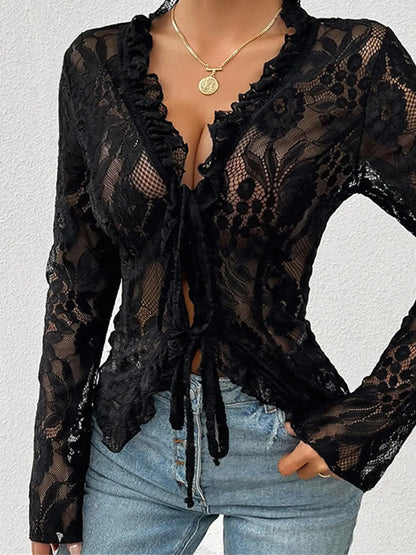 Women Gothic Lace Shrug Crop Tops Flare Long Sleeve Vintage Shirts Blouses for Cosplay Role-Playing Party Halloween Costume