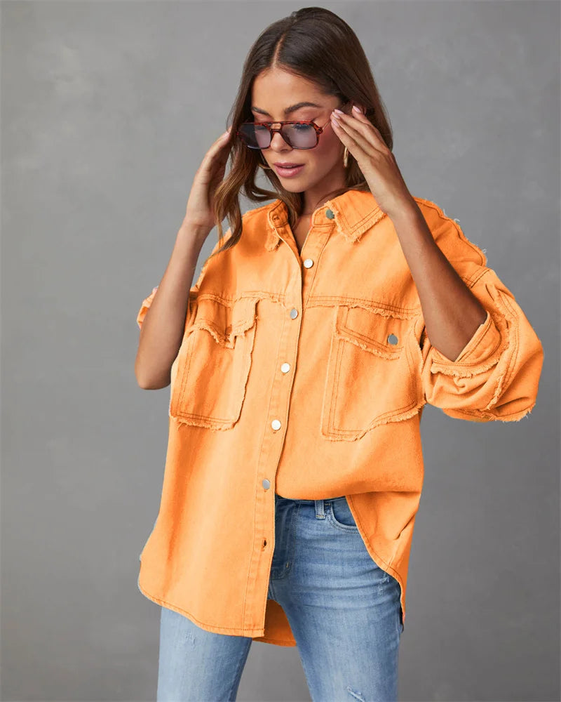 2025 Spring Autumn Shirt Style Denim Jacket Women Holes Raw-edges Jeancoat Casual Tops Female Oversize Loose Outerwear 7 Colors