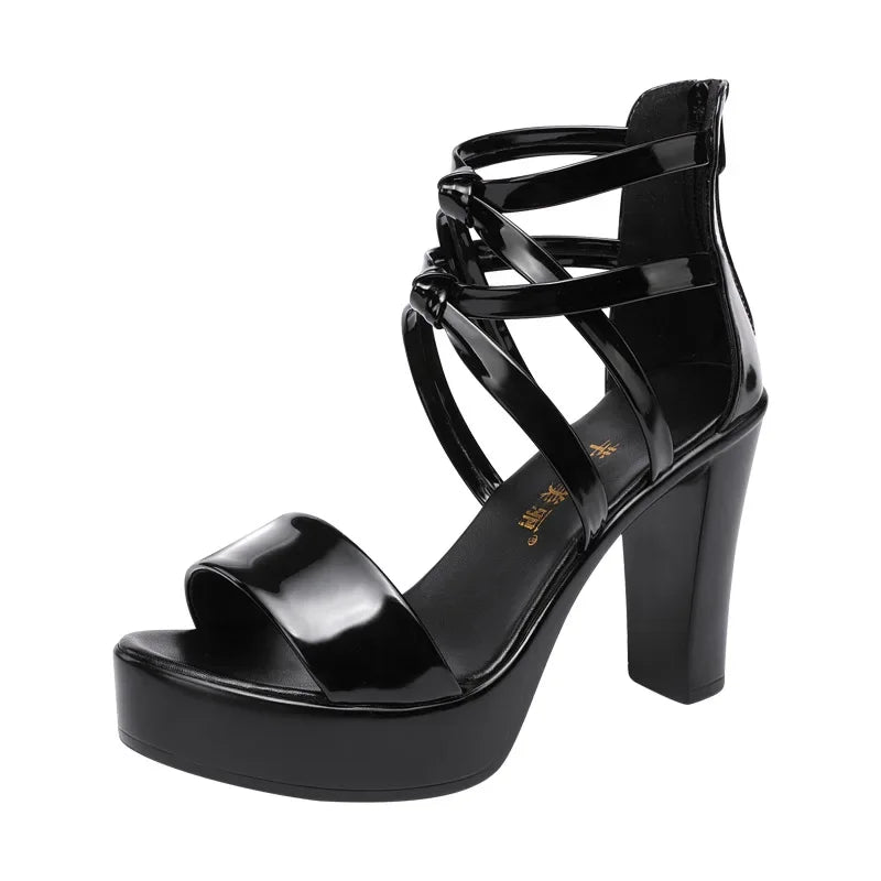 Big Size 32-43 Block Heel Platform Sandals Women Wedding Shoes 2025 Summer High Heels Gladiator Sandals Patent Leather Sandals
